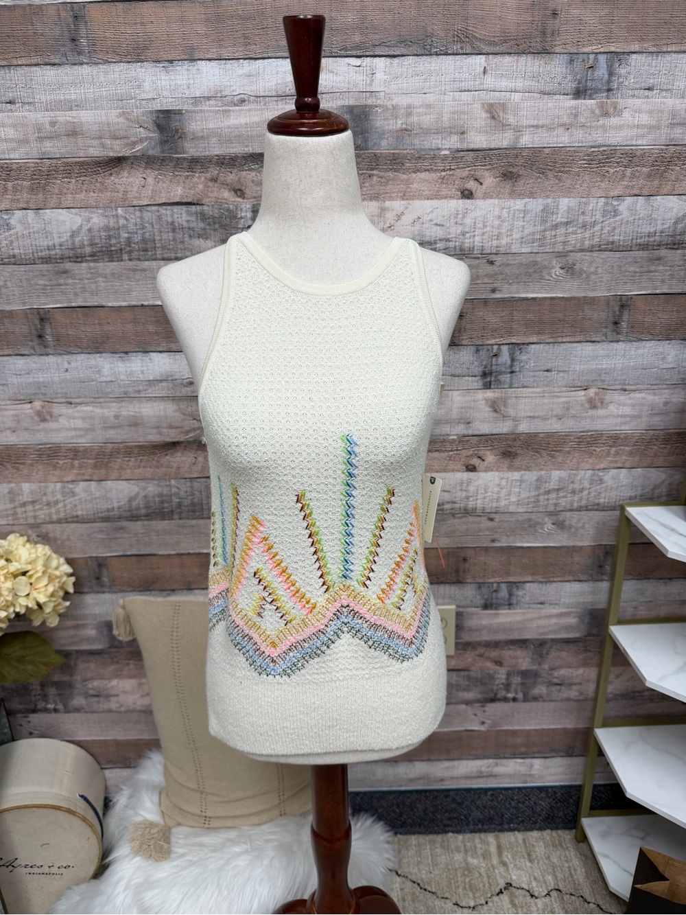 Anthropologie Cream Knit Tank with Pastel Chevron Detail